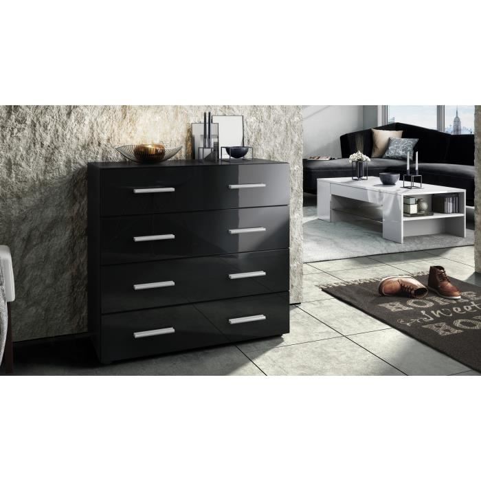 Buffet Pavos, Commode Avec 4 Tiroirs, Noir Mat/chêne Nature  76 X 72 X 35 Cm