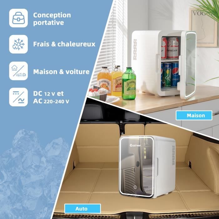Mini Réfrigérateur 15L 2 en 1 Mini Frigo Portable Fonction de  Refroidissement et de Chauffage Noir+Blanc - Costway