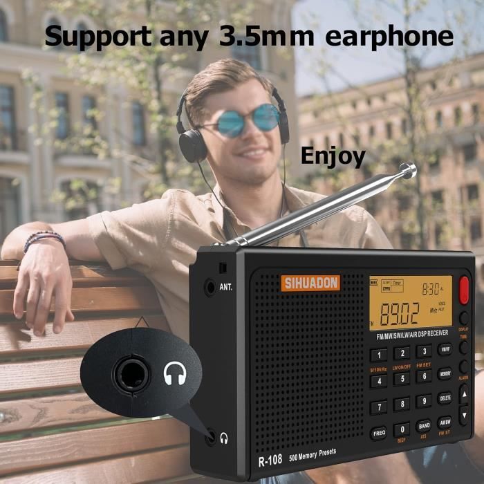 Radio Portable SIHUADON R108 Multibande FM AM SW Avec Réveil Et Éclairage - Noir