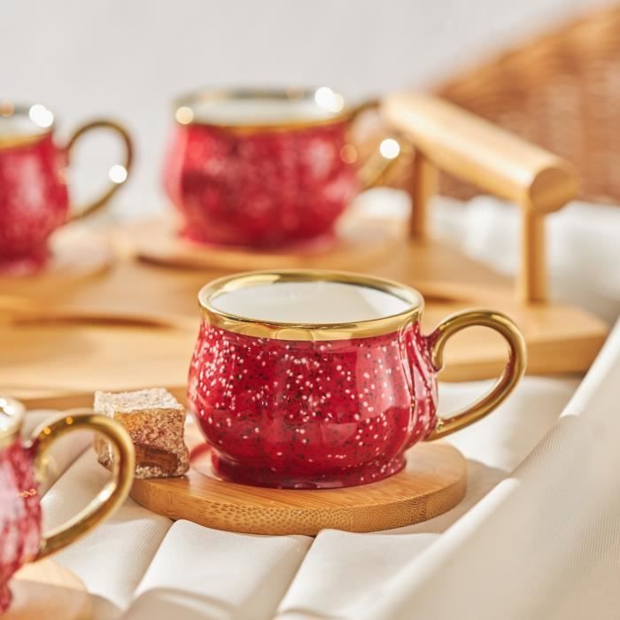 Set de tasses à café Karaca Set de tasses à café rouge pour 6 personnes  avec plateau en bambou 90 ml - Cdiscount Maison