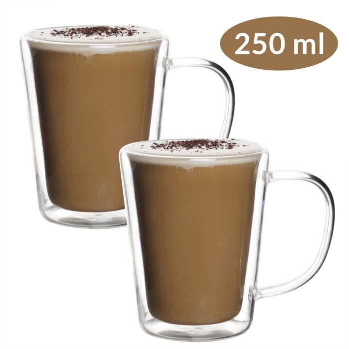 Verres à Café Isothermes 350 Ml – Lot De 4 – Verre Borosilicate Double Paroi, Poignée – Pour Boissons Chaudes/froides