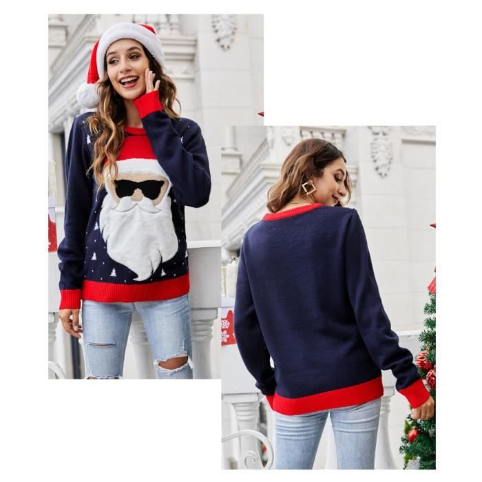 Pull Noel Femme en Tricot Manches Longues AIEVIS Bleu marine Bleu