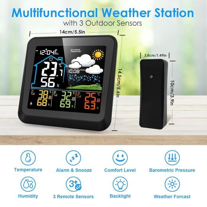 Station météo sans fil avec capteur extérieur intérieur Hygromètre  Thermomètre numérique avec grand écran LCD Di