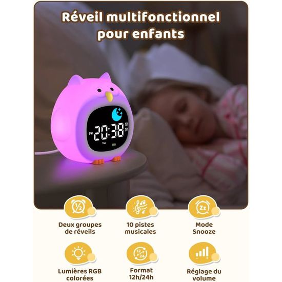 Réveil Enfant Éducatif YISSVIC - Forme Renne - 2 Alarms, 10 Chansons, 7 Couleurs - Affichage Jour/Nuit - 11