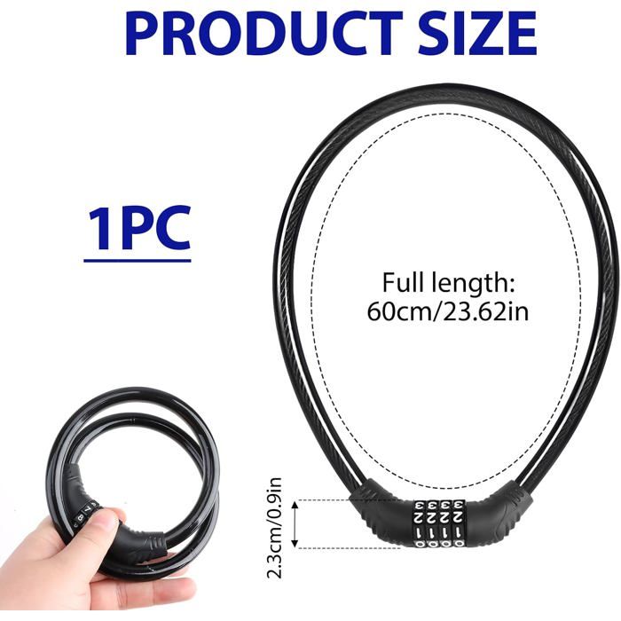 Lot De 2 Cadenas à Code Pour Vélo – 4 Chiffres, 10 000 Combinaisons, Câble Acier + PVC, 68 G, Portable, Anti-Vol, Pour Scooter Et Équipement