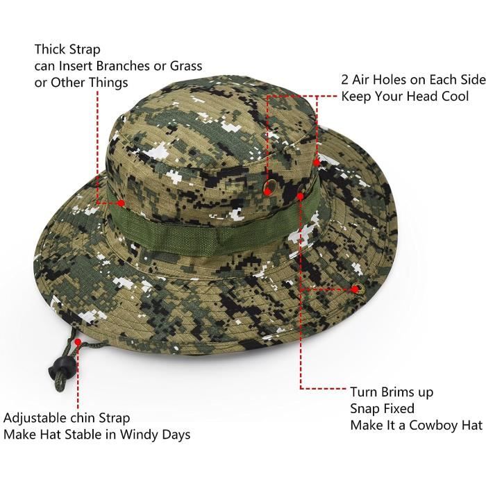 Chapeau Camouflage Anti-UV Léger Pour Homme - Large Bord Pliable, Cache-cou Réversible - Ajustable 54-62 Cm - Idéal Randonnée, Pêche, Moto, Outdoor