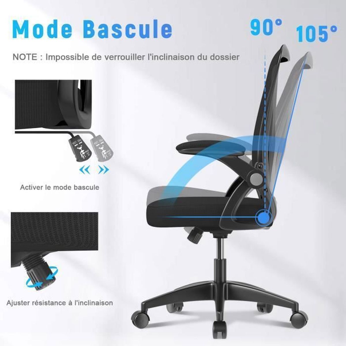 Chaise Bureau Ergonomique HOLLUDLE - Dossier Adaptable, Accoudoirs 4D Et Appui-tête Réglable