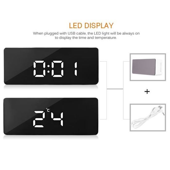 Reveil Numerique Miroir Carre Muet Led Miroir Horloge Temperature