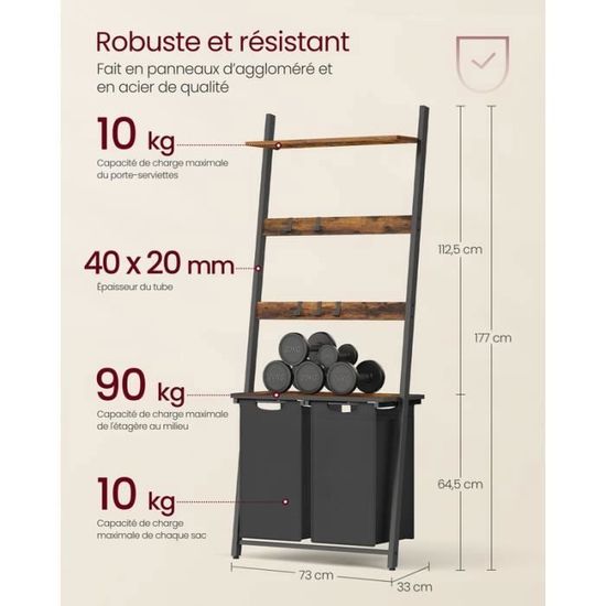 VASAGLE Panier à Linge 65L avec 2 Étagères et Sac Amovible VASAGLE Panier à Linge 65L avec 2 Étagères et Sac Amovible