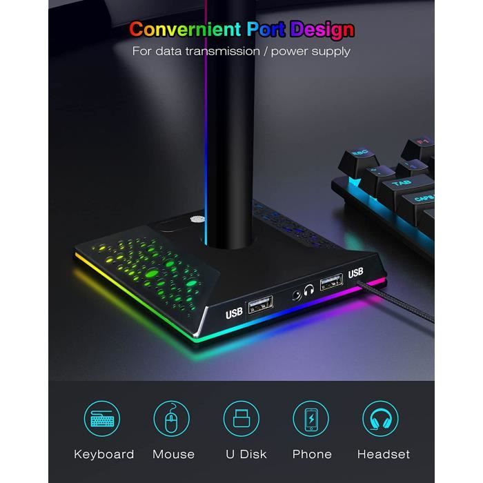 The G-LAB K-Stand Radon Support pour Casque/Micro-Casque GAMING -  Rétro-éclairage RGB, Hub USB 2 x 2.0, Base antidérapante - Support  universel pour Casques Gamer PC PS4 Xbox One Nintendo Switch (Noir) 