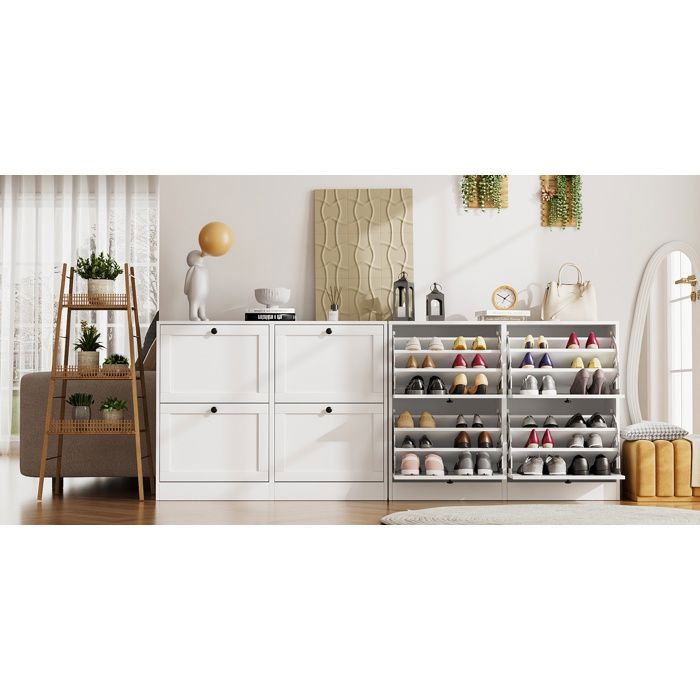 VOWNER Meuble Chaussures Blanc 105x100x24 Cm - Armoire Rangement à Tiroirs Basculants Et Compartiments Ouverts