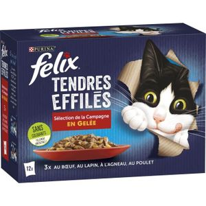 BOITES - PATÉES FELIX Tendres Effilés en Gelée Viandes - 12 x 85 g - Sachets repas pour chat adulte