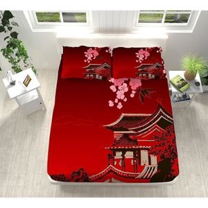 Drap Housse 180x200 Cm Paysage Japonais - Microfibre Douce, Poche Profonde 30 Cm, Motif 3D Fleurs De Cerisier