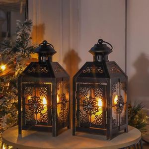 LAMPION Lanterne Décorative Vintage en Métal pour Jardin - Set de 2 - Noir avec Pinceau Doré - 23cm de Hauteur