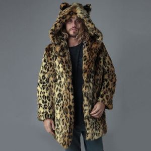 en fourrure PardessusBrun manteau Hommes Leopard fausse capuchon chaud Mode Veste épais Manteau Outwear à fYg7b6y