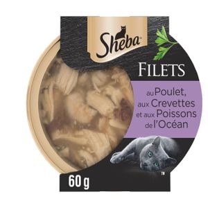 BOITES - PATÉES LOT DE 4 - SHEBA - Pâtée pour chat Adulte Filets de poulet de poissons de l'Océan et crevettes - barquette de 60 g
