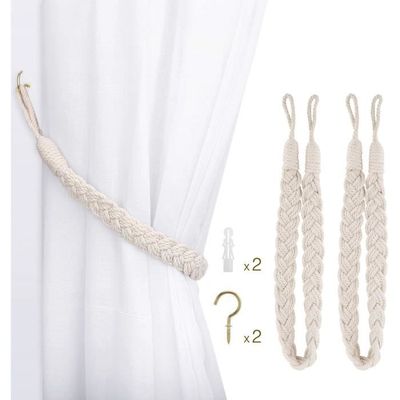 Lot De 2 Embrasses De Rideau Tressées Boho - Corde Coton Avec Gland Feuille, 116 Cm, Blanc Crème
