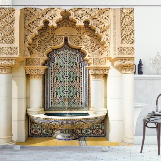 Abakuhaus marocain Rideau de Douche, Art Eastern Vintage, 175 x 200 CM, Bleu Brun pâle Ivoire