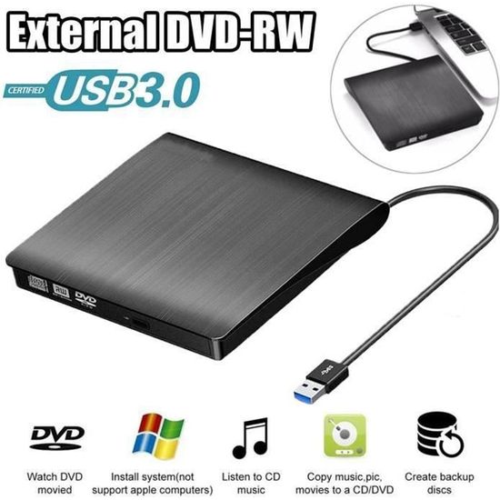 Lecteur CD/DVD Externe USB 3.0 et Type-C, Graveur DVD Externe Portable  Ultra Slim, Lecteur CD Externe pour Windows 10/8 / 7 / XP/Vista, Laptop,  Mac