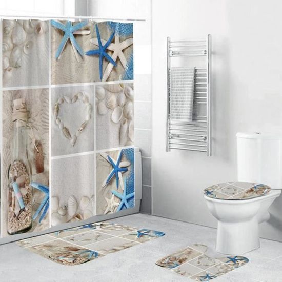 4pcs Kit Tapis de Bains Rideau de Douche Toilettes Housse Couvercle Toilette Antidérapant en Flanelle Style de Plage 180X180CM