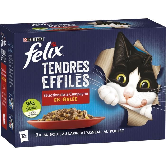 FELIX Tendres Effilés en Gelée Viandes - 12 x 85 g - Sachets repas pour  chat adulte