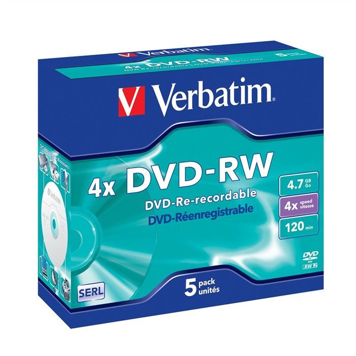 DVD-RW VERBATIM - Pack de 5 - 4x - 4,7 Go - Boîtier crystal