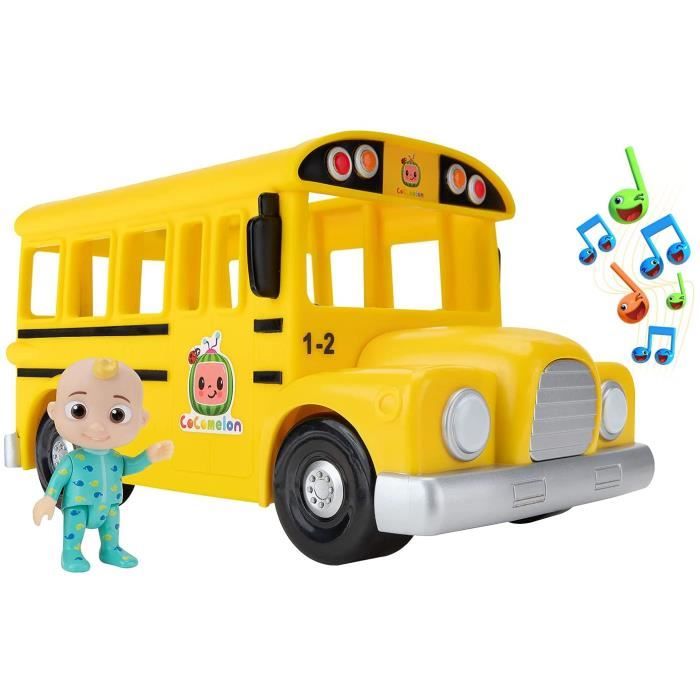 Bandai CoComelon - Bus Scolaire Musical Jaune - vehicule Qui Joue la Chanson The Wheels on The Bus et sa Figurine JJ - CMW001