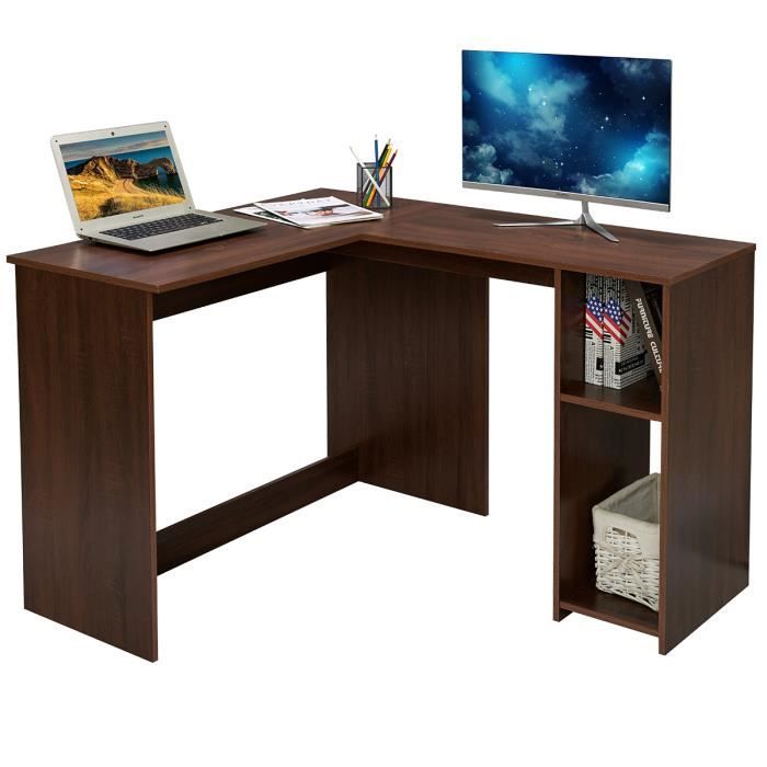 FurnitureR  Bureau d'ordinateur angle droit en bois en forme de L avec 2 Compartiments de Rangement en MDF 120cm-Noyer