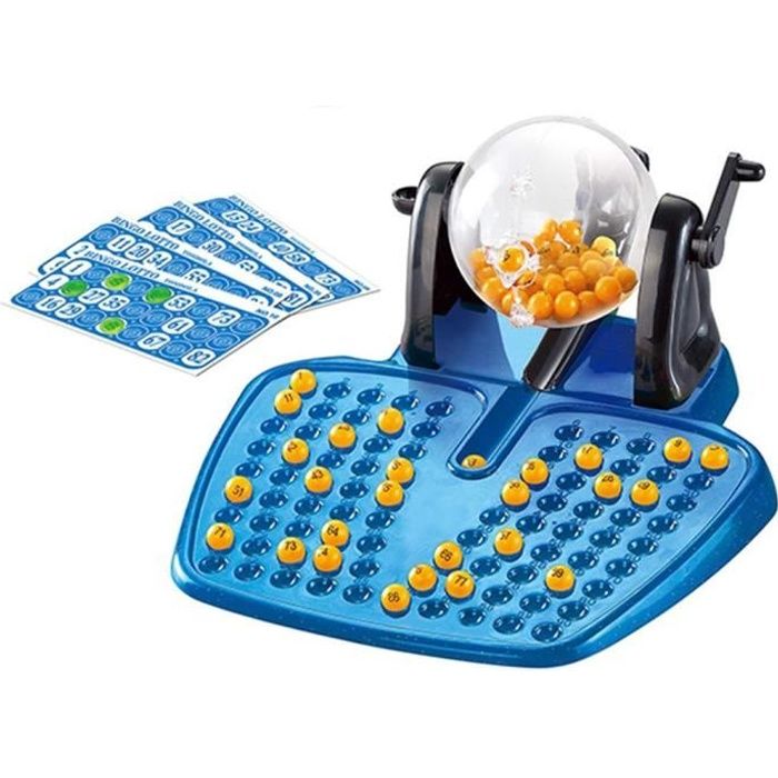 Jeu de societe Bingo loto Bleu avec distributeur de boules, 90 Boules numérotées, 48 cartes et des jetons HobbyTech