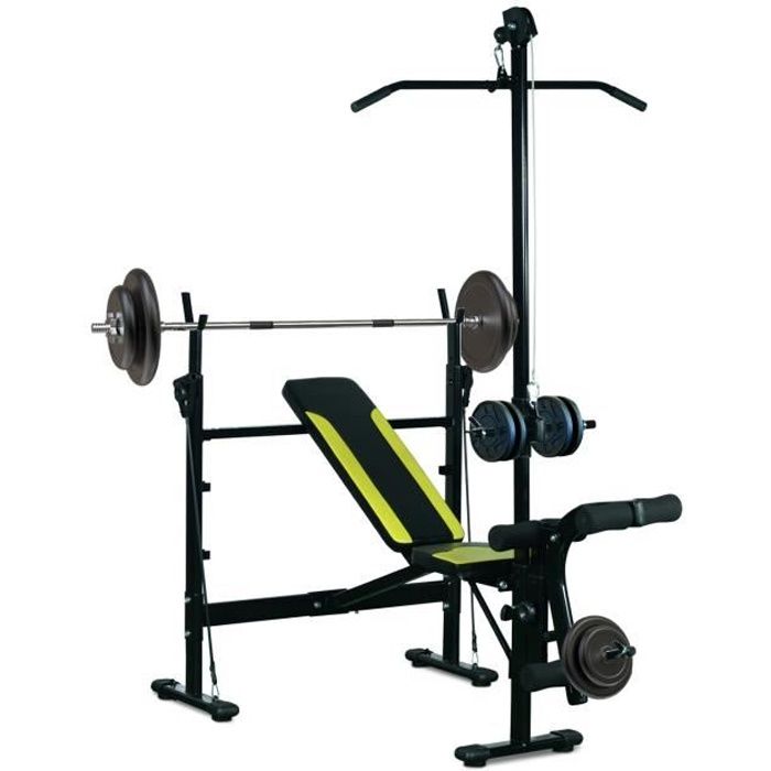 Banc de musculation Fitness entrainement complet dossier réglable cordes traction curler supports barre et haltères noir et jaune...