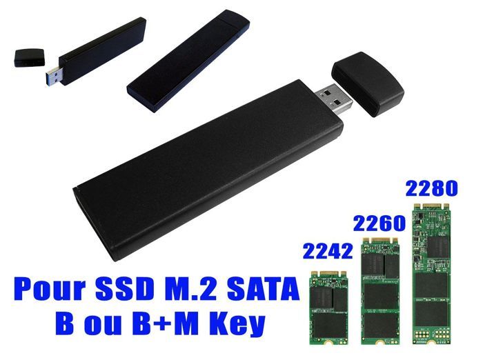 Adaptateur M2 2242 2260 2280 vers USB 3.0 - Format clé USB - Boitage métal noir - Pour M.2 type SATA