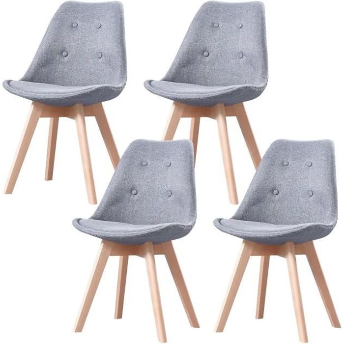 SHERYL - Lot de 4 chaises capitoné scandinave - Tissu - Gris Clair - pieds en bois massif design - 57 x 49 x 83 cm