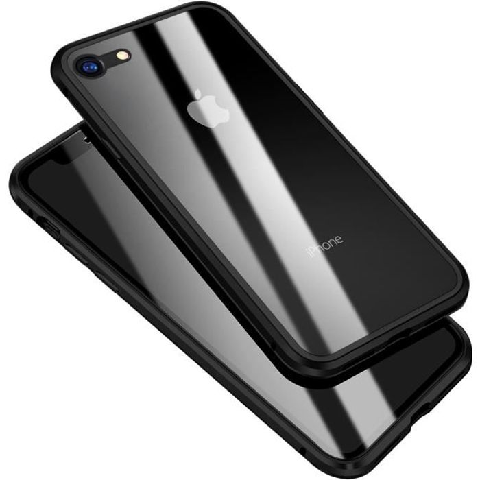 iPhone SE 2020 Coque Cadre en Métal Adsorption Magnétique Avant et Arrière Verre Trempé Housse Protection étui iPhone SE (2020),Noir