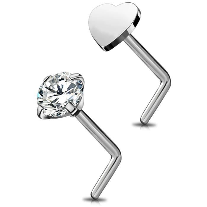 OUFER 2pcs Piercing Nez 20G Titane Solide G23 Cœur Nez Stud Piercing Nasal Hoop Clear CZ Piercing Bijou Corps Femme Homme