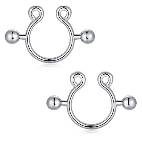 PLAQUÉ ARGENT-14G 1.6X16mm -Faux Piercings de tétons 14G,2 pièces,anneaux de mamelon à Clip en acier inoxydable,bijoux de Faux ma