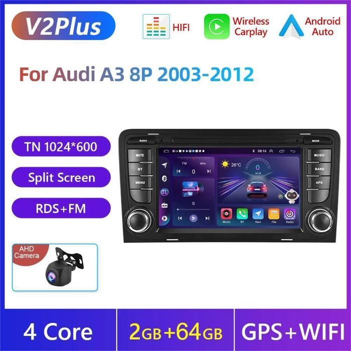 2G+64G Android Autoradio per Audi A3 S3 RS3 2003-2012 7 Pollici Touchscreen Senza Fili Carplay Autoradio con Android Auto Navi GPS WiFi Mirror Link Bluetooth FM/RDS/DVR/EQ/SWC Telecamera Posteriore
