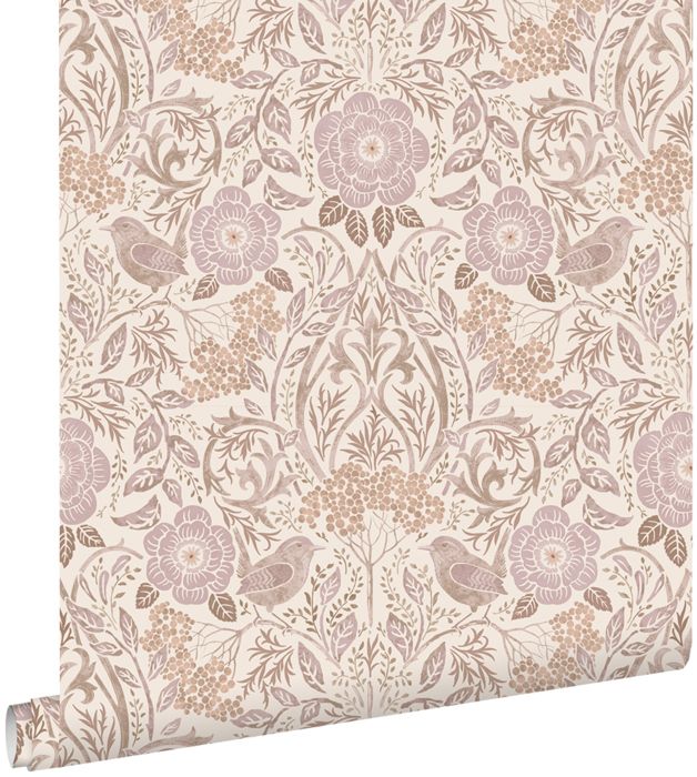ESTAhome - papier peint - fleurs et oiseaux - sable beige et lilas violet - 0.53 x 10.05 m