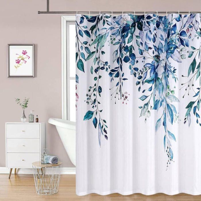 Rideau de Douche Floral Rideaux de Douche Lavable Machine Séchage Rapide 150x180cm pour Baignoire (Bleu)