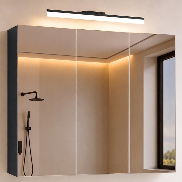 Sogood Armoire Murale Salle de Bains avec Miroir et Lampe Luxaris Noir Placard de Rangement Anthracite Mat en Bois 100 cm