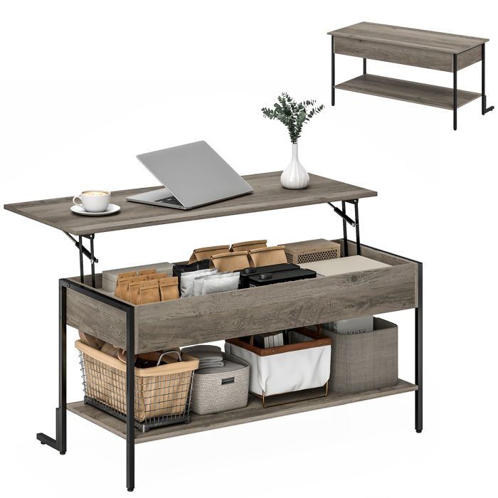 Table basse - HOMCOM - plateau relevable - compartiment caché étagère ouverte - MDF - 95x40x59cm - gris Table basse - HOMCOM - plateau relevable - compartiment caché étagère ouverte - MDF - 95x40x59cm - gris