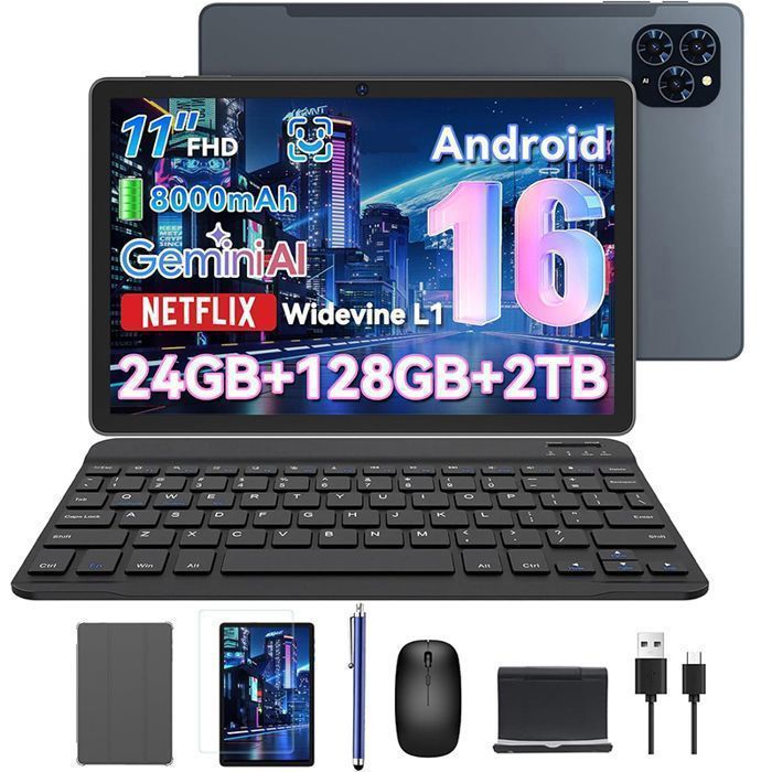 T90 Tablette Tactile 11 Pouces Android 16 avec Clavier+Stylet+Souris 24Go RAM+128Go ROM Ext. 2To5G WiFi8000mAhWidevine L1