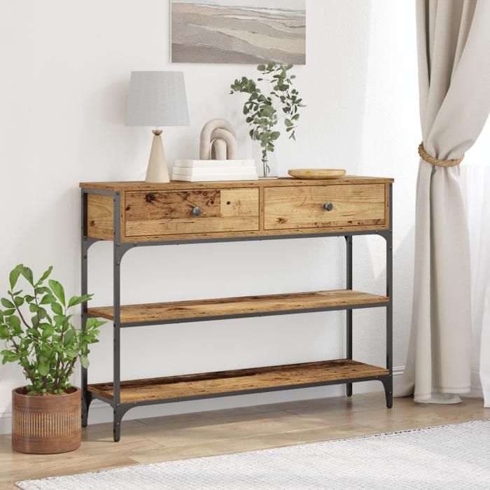 Table Console - Bois Vieilli - 100x25x75 cm - Style Industriel - 1 Place
