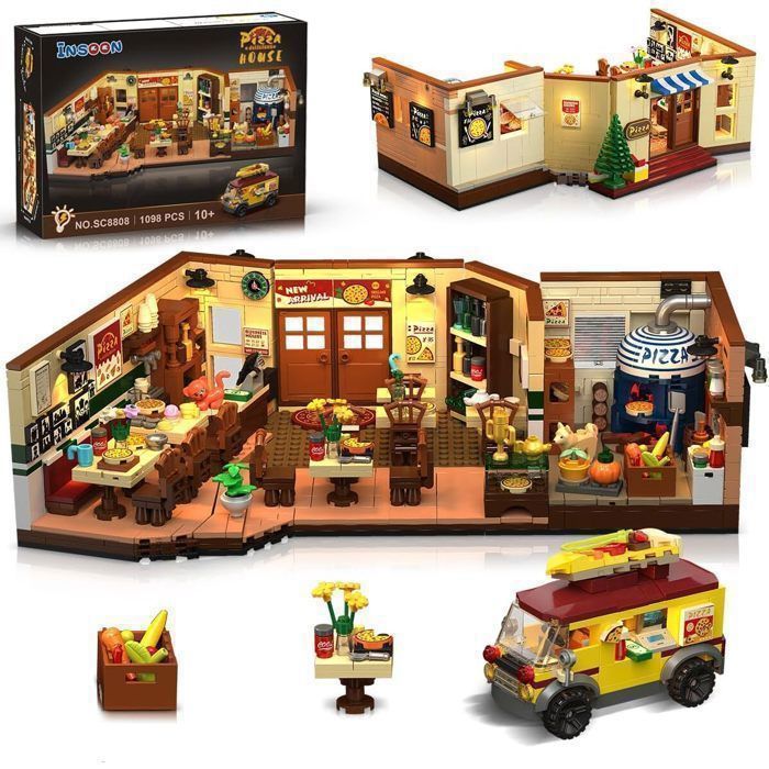 INSOON Pizzeria à Construire 1098 Pièces avec LED Restaurant Italien & Camionnette Pizza Blocs de Construction 10 Ans+