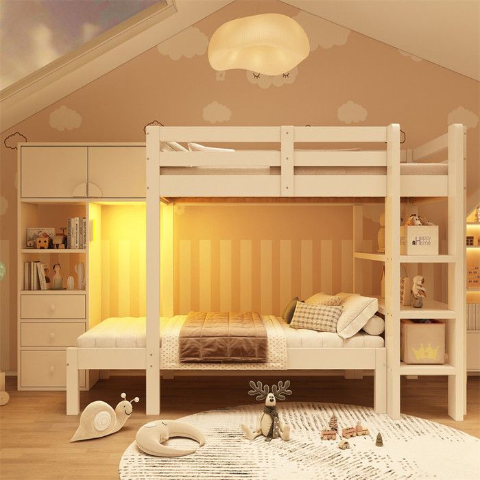 DRIPEX lit combiné enfant 90x200cm avec LED intelligente Lit superposé avec armoire haute étagère et tiroirs de rangement Blanc