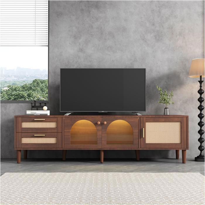 Maisentiel Meuble TV 180 cm marron avec LED 2 tiroirs en rotin et 3 portes pour téléviseur jusqu’à 80 pouces
