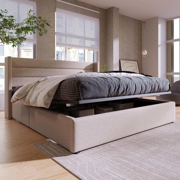 Lit coffre - Lit double 180 x 200 cm - Sommier à lattes relevable - Rangement hydraulique - Tissu lin beige