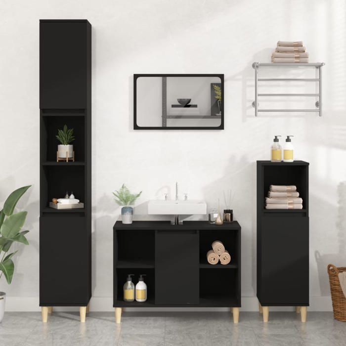 SALE 2026 Armoire de salle de bain Noir - Meuble dévier noir 80x33x60cm - bois dingénierie PRO867553083