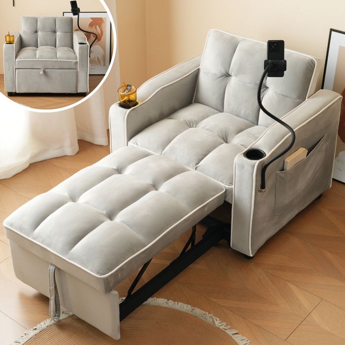 Canapé - 3 en 1 extensible - 83x167x76 cm - Velours & mousse haute densité - Porte-gobelets support téléphone