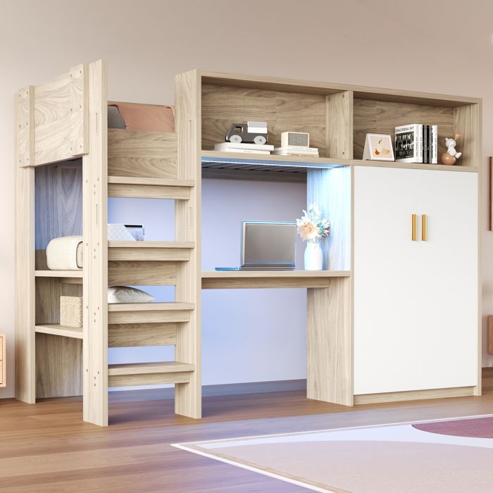Lit mezzanine multifonctionnel - MODERNLUXE - 90x200 cm - Bureau intégré - Armoire intégrée - Étagères - Éclairage LED Lit mezzanine multifonctionnel - MODERNLUXE - 90x200 cm - Bureau intégré - Armoire intégrée - Étagères - Éclairage LED