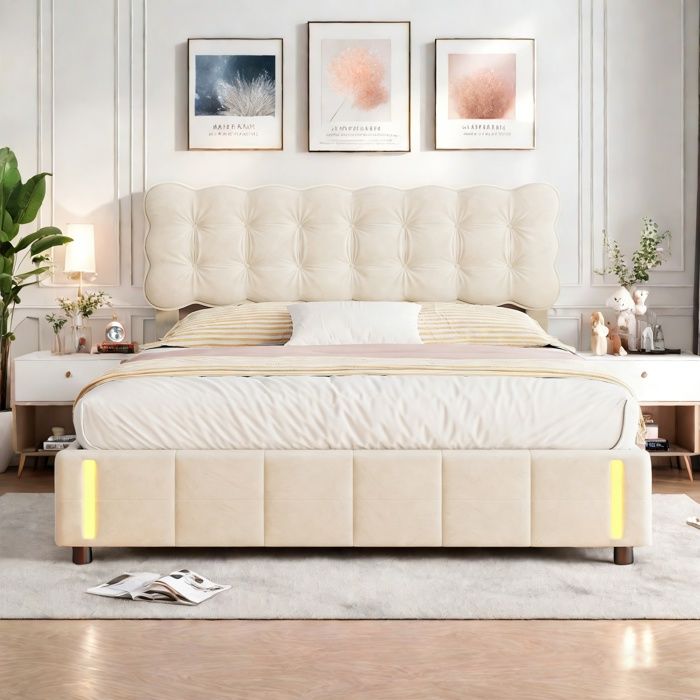 Lit Coffre 160x200cm Lit rembourré avec LED Système Hydraulique Lit double avec tête de lit et sommier à lattes Velours Beige